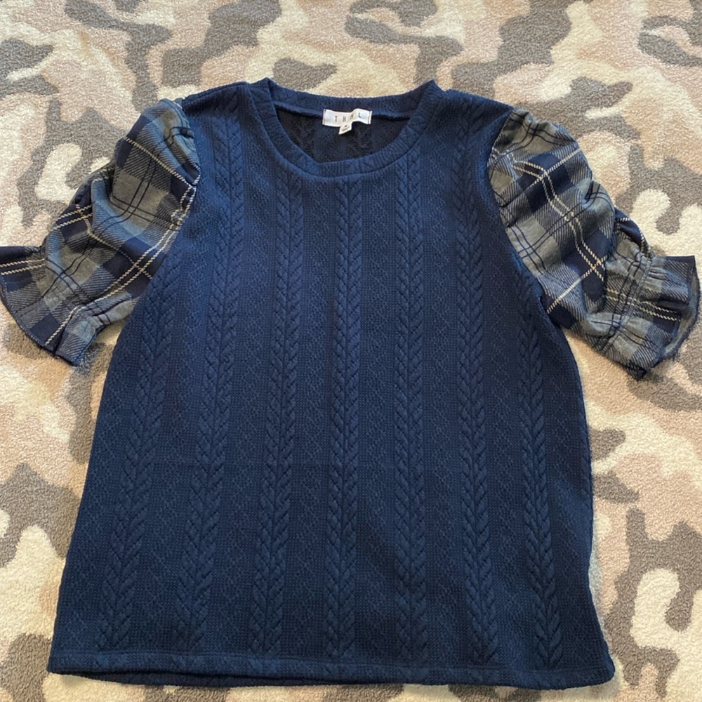 THML Navy Knit Top with Plaid Puff Sleeves